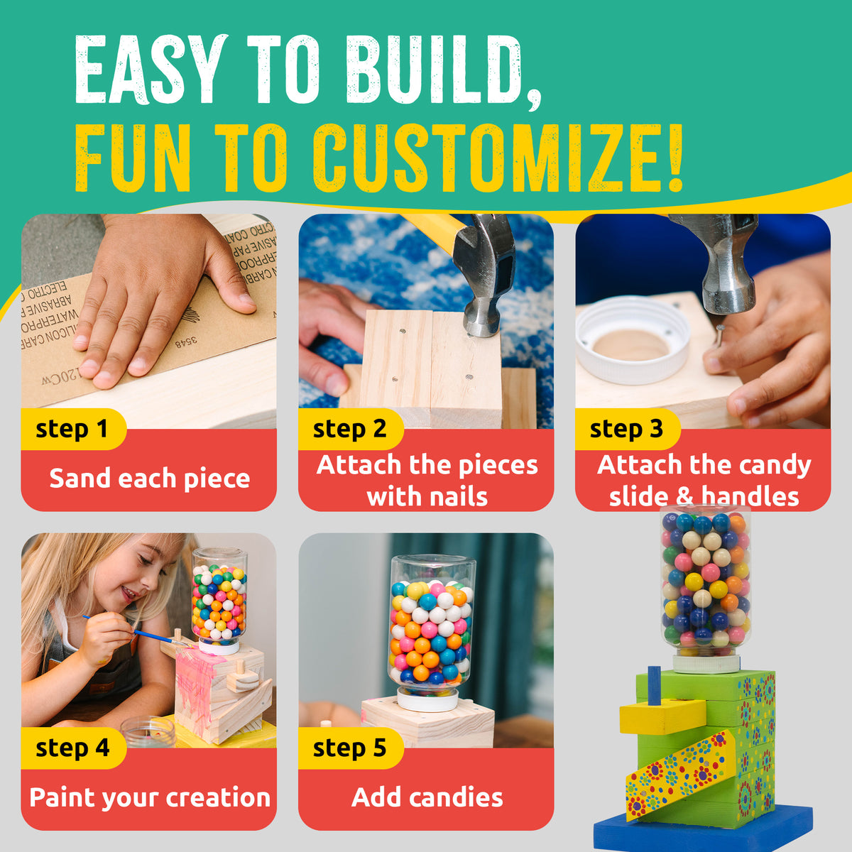 Candy Dispenser Woodworking Kit for Kids – Build, Paint & Fill with Candy | Ages 6+